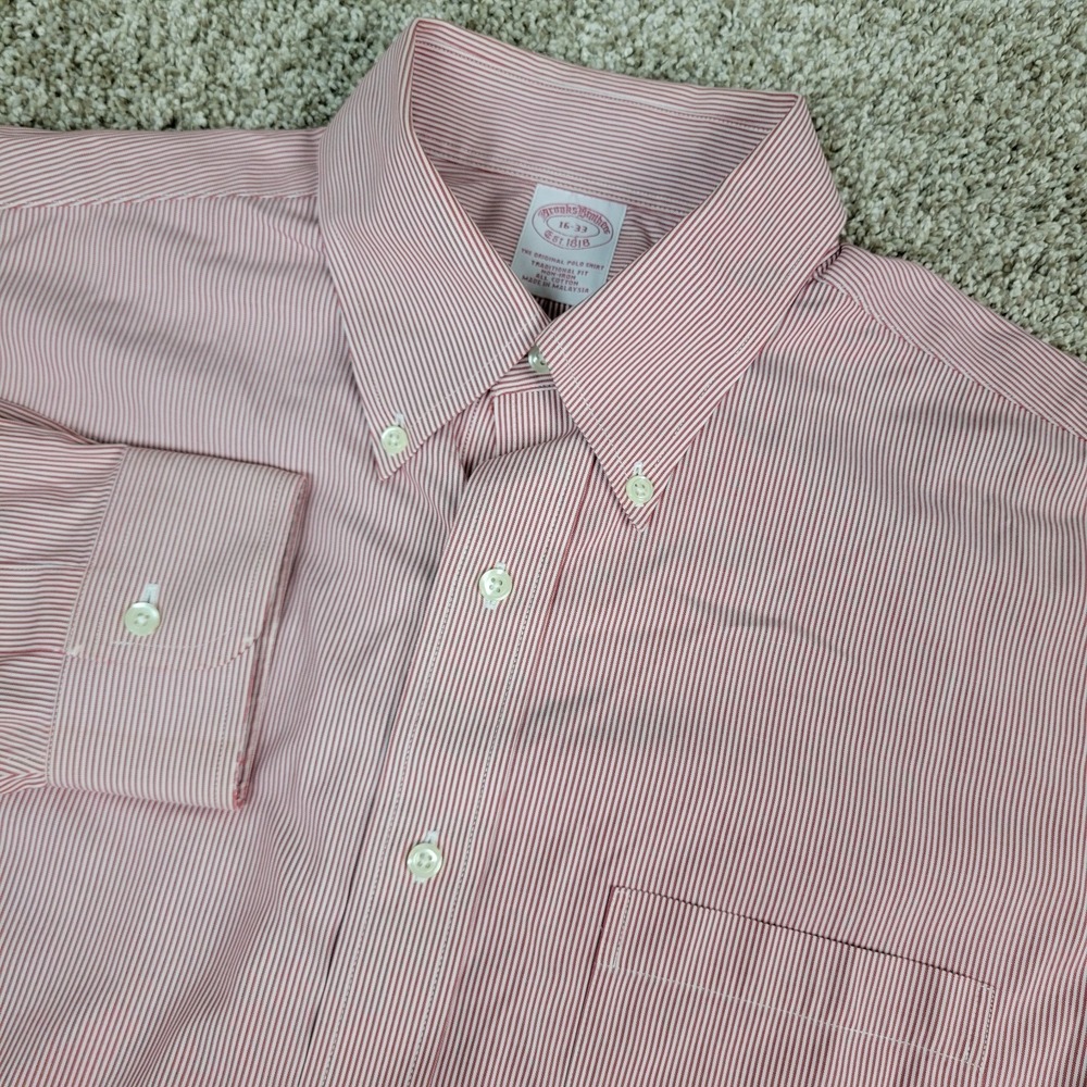 Brooks Brothers Mens 16-33 Red White Striped Button Down Long Sleeve